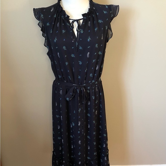 Ann Taylor Ruffled Cap Sleeve Black Floral Dress w/ Elastic Waist & Belt Size XL - Picture 1 of 9